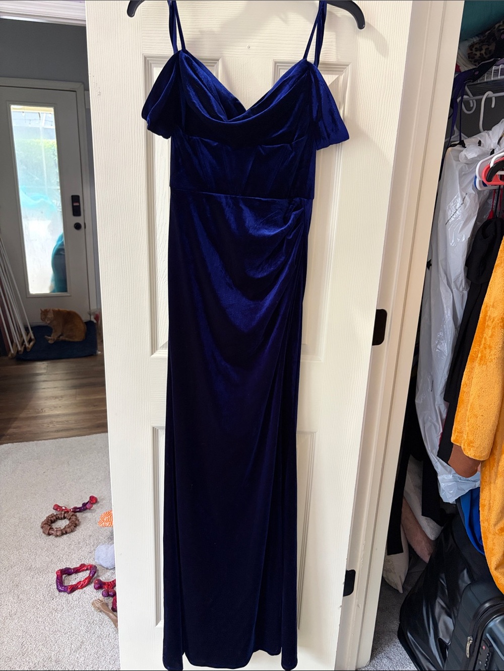 Women's Velvet Cowl Neck Evening Dress in Deep Navy